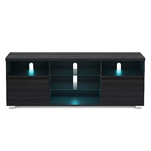 VASAGLE TV-Schrank mit LED-Beleuchtung, Fernsehtisch, TV-ständer für Fernseher bis zu 70 Zoll, mit offenen Ablagen, 2 Schränke mit Türen, 160 cm, für Wohnzimmer, schwarz...