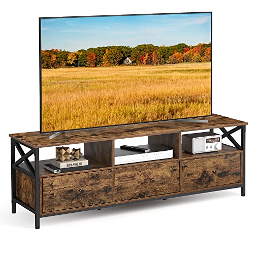 VASAGLE TV-Schrank, Lowboard für Fernseher bis zu 65 Zoll, 147 cm lang, Fernsehtisch mit 3 Schubladen, 3 offenen Fächern, 40 x 147 x 50 cm, Wohnzimmer, Stahlgestell,...